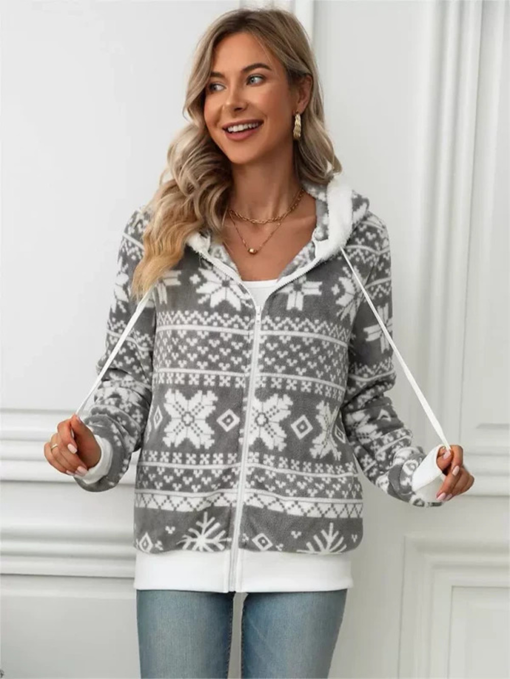 ZARA Shiny Fleece Winter Christmas Print Hooded Cardigan